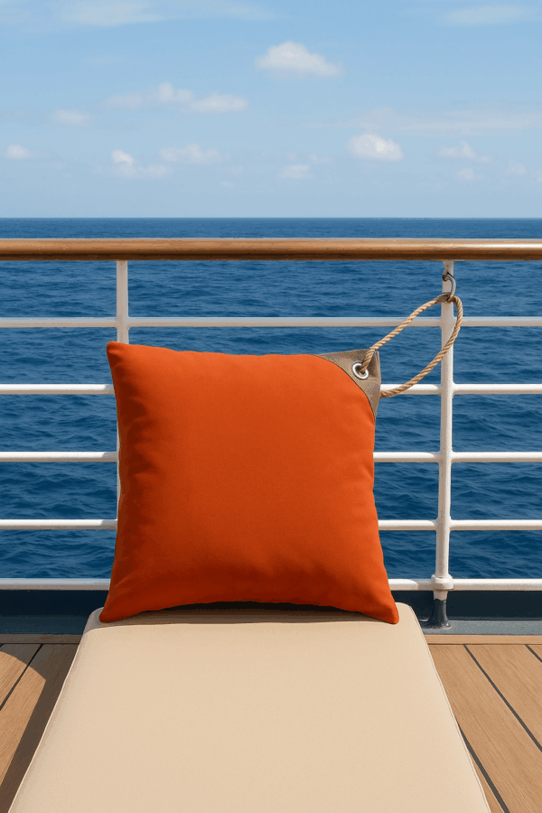 COUSSIN MOKAI OUTDOOR 40X40 SUNBRELLA PUMPKIN AVEC CORDAGE ET MOUSQUETON INOX
